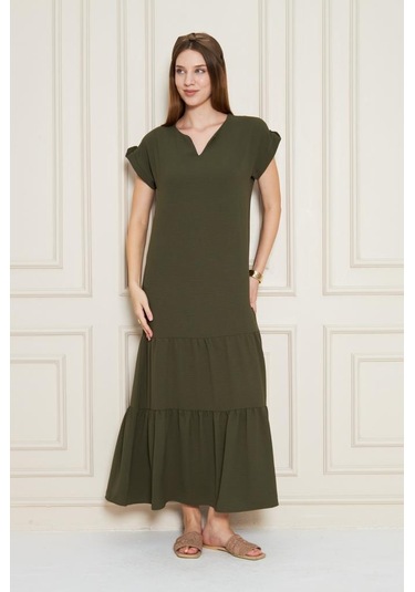 Kadın Uzun Eteği Fırfırlı Kısa Kol Apolet Detaylı Salaş Günlük Rahat Elbise 3761366 Haki