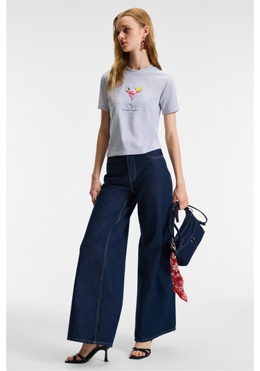 IVONNE Kadın Cocktail Baskı Desenli Kısa Kollu Organik Pamuklu Bisiklet Yaka Crop Grimelanj T-Shirt