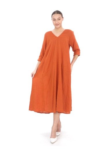 İtalyan V Yaka Uzun Kol Keten Elbise-8907 Kiremit