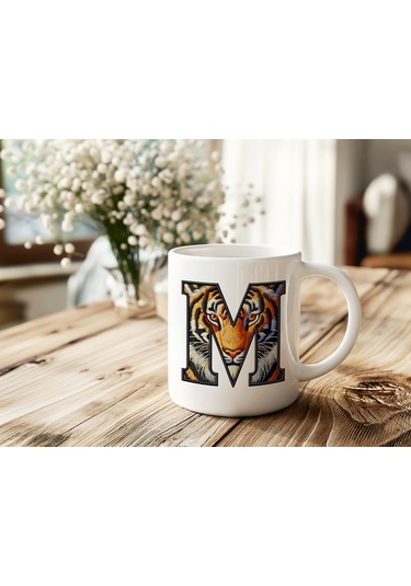 M Harfi Kaplan Figürlü Nakış Desenli Kupa Bardak - Kişiye Özel Vahşi Hayvan Desenli Kupa - Hediye Beyaz