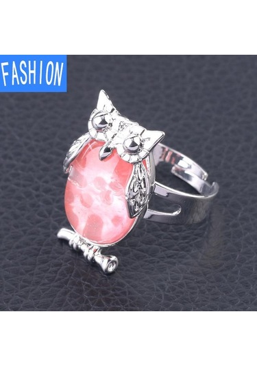 Karpuz Kristal Metal Baykuş Dışbükey Doğal Kristal Kakma Ayarlanabilir Yüzük Çok Renkli