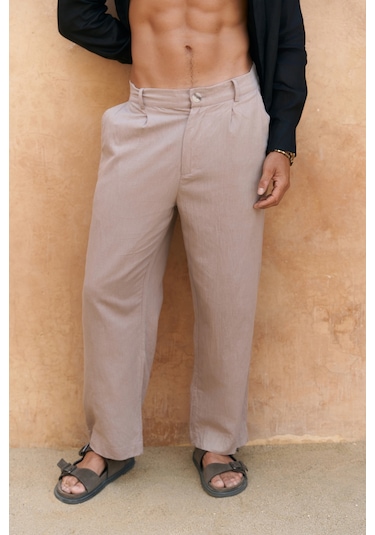 Fyfaha Bol Paça Erkek Vizon Keten Pantolon VİZON
