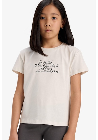 Defacto Kız Çocuk Bisiklet Yaka Baskılı Kısa Kollu Tişört E5892a825smbg697 Bej