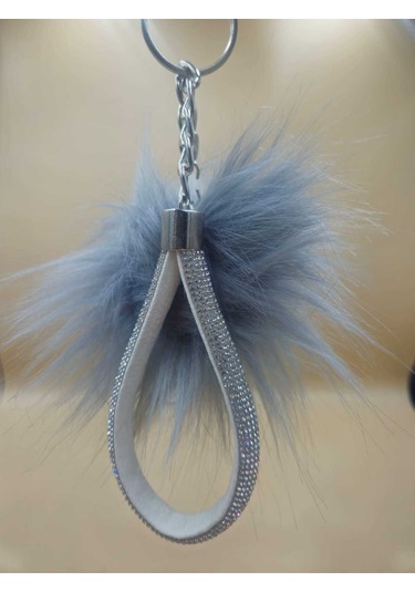 Gümüş Taşlı Tilki Tüyü Gri Angel Anahtarlık