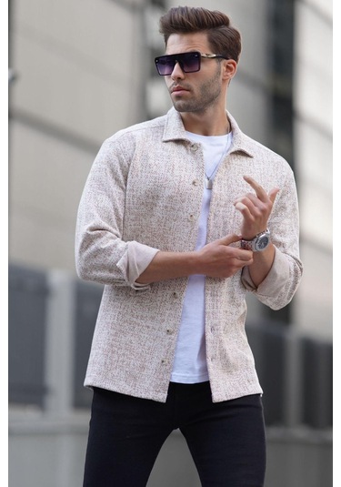 Madmext Bej Desenli Regular Fit Erkek Gömlek 6717 Bej