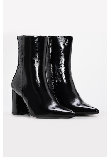 Hakiki Deri Kadın Kalın Topuklu Bot 215dza3211 Siyah Kroko