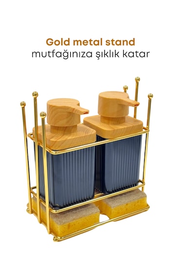 Gold Metal Standlı Siyah Ahşap Detaylı Sıvı Sabunluk