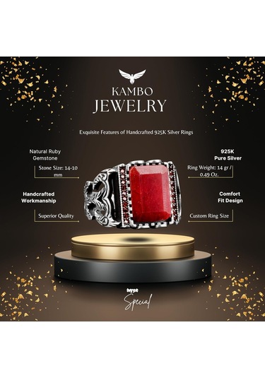 925 Ayar Gümüş Erkek Yüzük Doğal Yakut Taşı - Şık Kırmızı Taş Yüzük Gümüş
