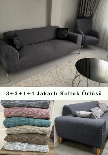 StarMall Jakarlı Ağaç Koltuk Örtüsü, Kanepe Örtüsü, Chester Örtüsü 3311 Takım Antrasit