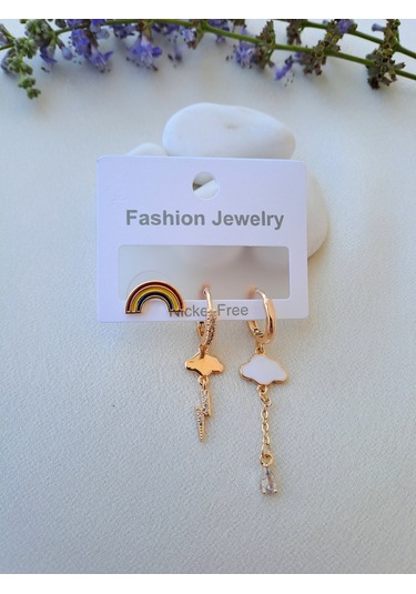 Dali Shop Gökkuşağı Bulut Figürlü 3'lü Küpe Gold