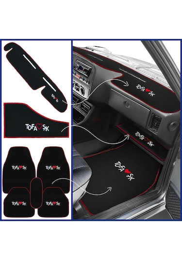 Tofaş Şahin Doğan Kartal Nakışlı Oto Halı Paspas Seti & Yüksek Torpido Kaplama Halısı & Sehpa Örtüsü Siyah