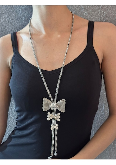 Zirkon Taş İşleme Fiyonklu Kadın Kolye 34 Cm Renkli