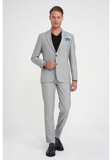 Slim Fit Torba Cep Esnek Pamuk Düz Gri Blazer Ceket C 712 Gri