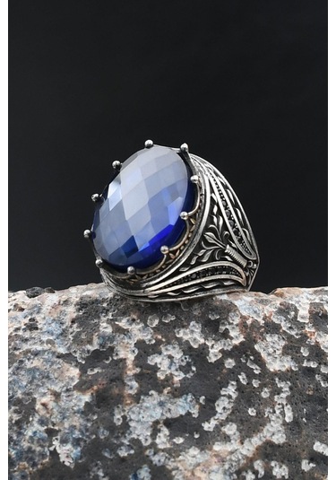 925 Ayar Gümüş Erkek Yüzük Lacivert Zirkon Taşlı 902016 Gümüş