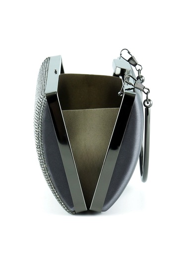 Erkan Saçmacı Antrasit Saten Kristal Taşlı Metal Saplı Abiye El Çantası Antrasit