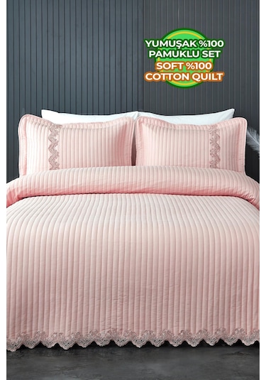 Evlen Home Mihrimah Dantelli Lüks Yatak Örtüsü Seti Çift Kişilik %100 Pamuklu Şık Zarif Yumuşak Dokulu Pudra