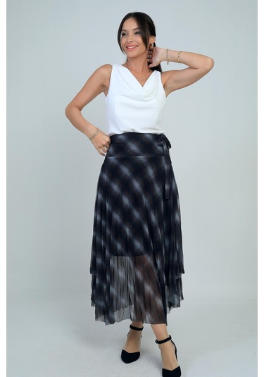 Kadın Yanları Kısa Astarlı Ekose Uzun Tül Etek-41721 Siyah