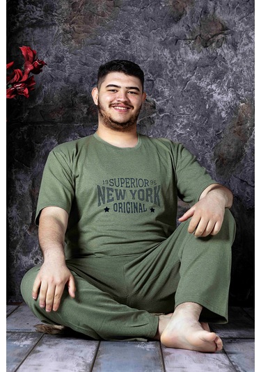 Nisanca Yazlık Büyük Beden Erkek Pamuk Pijama Takımı- Kısa Kollu Erkek Pijaması Yesil