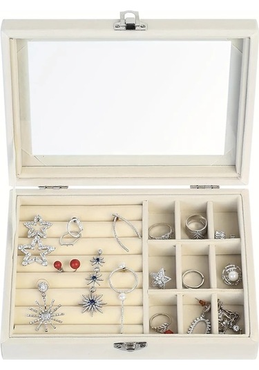 Willowhaven Bej Sku Kilitli 9 Bölmeli Kadife Mücevher Kutusu Yüzük Kolye Küpe Organizer