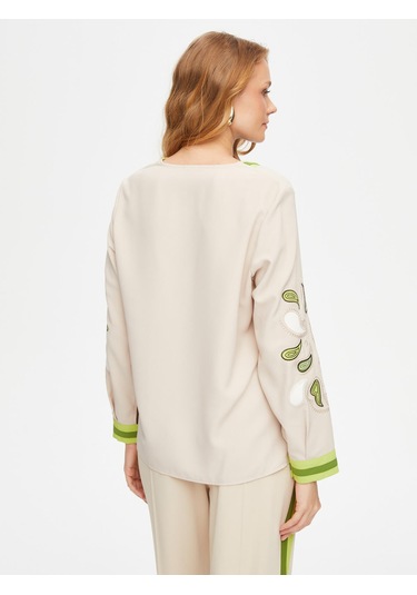 Şal Desenli Nakış Detaylı V Yaka Uzun Kollu Bluz 69142 U6914272 Taş