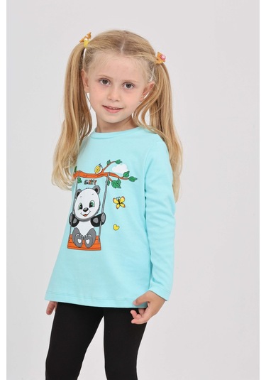Toontoy Kız Çocuk Sallanan Panda Baskılı Sweatshirt Turkuaz