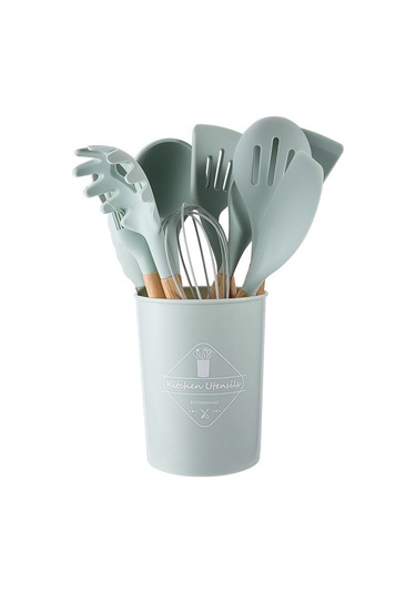 Symbee Ahşap Saplı 11 Parça Silikon Mutfak Gereçleri Seti - Anti Yapışkan, Isı Dayanıklı, Kolay Temizlenir, Gri Renkli Kova İle Tam Zamanlı Pişirme Araçları