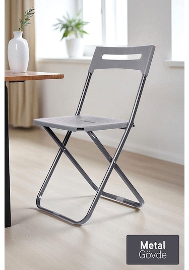 İronika Safran Katlanabilir Metal Gövdeli Sandalye Katlanır Mutfak Bahçe Kamp Sandalyesi Gri 1 Adet Gri