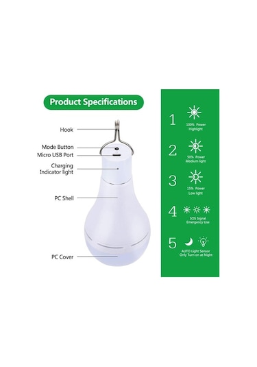 Pazly 9w Güneş Enerjili Led Ampul, 5 Mod, Uzaktan Kumandalı, 6000-6500k Beyaz, Kamp & Acil Durum