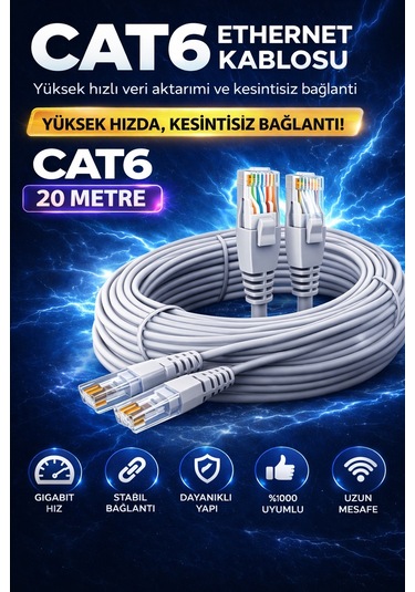 CAT6 Ethernet Kablosu 20m Gigabit LAN Kablosu Yüksek Hızlı İnternet Kablosu