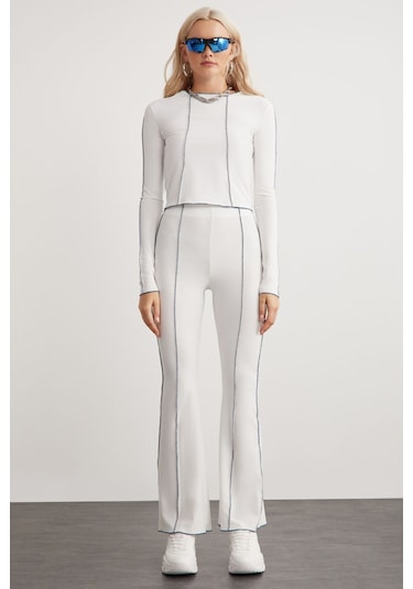 Fatima Kadın Beyaz Dikiş Detaylı Wide Leg Beyaz Pantolon
