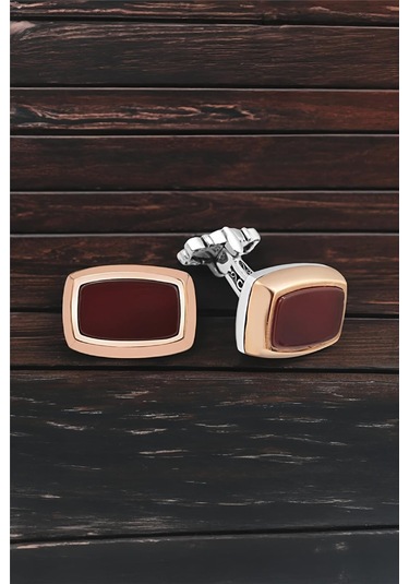 Gümüş Kırmızı Akik Taşlı Kol Düğmesi -5737