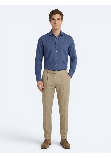 Kip İndigo Düz Regular Fit Uzun Dokuma Casual Pamuk Karışımlı Gömlek