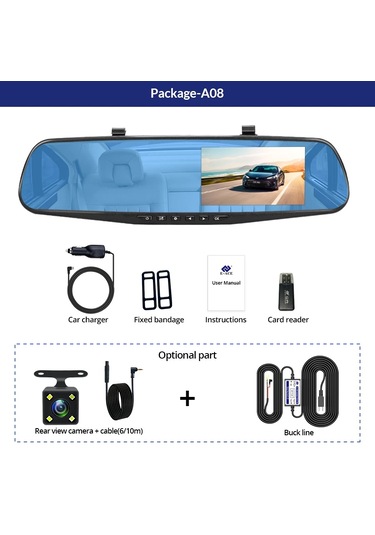 E-aec Dashcam Araba Dvr 4.3 Inç Ayna Fhd 1080p Kamera Çift Lens Dvr Dikiz A08 None