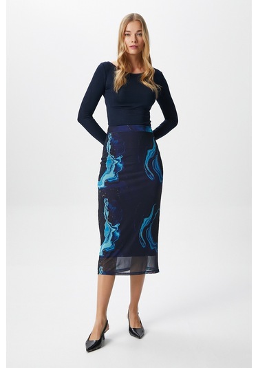 Kadın Dania Astarlı Bel Lastikli Şifon Mavi Midi Kalem Etek Mavi