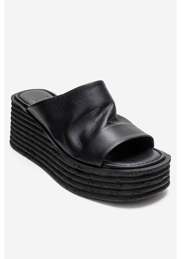 Luvishoes Marc Siyah Cilt Hakiki Deri Dolgu Topuklu Kadın Terlik Siyah