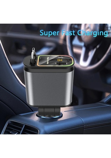 Honeybeeshop Gri 4ü 1 Arada Geri Çekilebilir Araba Telefon Şarjı 66w Hızlı Şarj Led Projektör