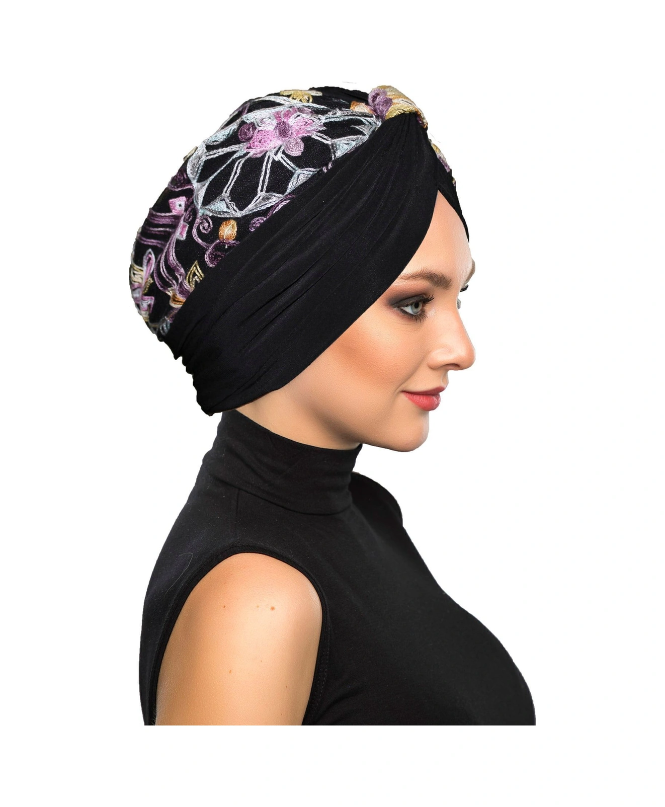 Otantik Nakış Motifli Astarlı Hazır Türban Tesettür Bone Siyah Motif 7