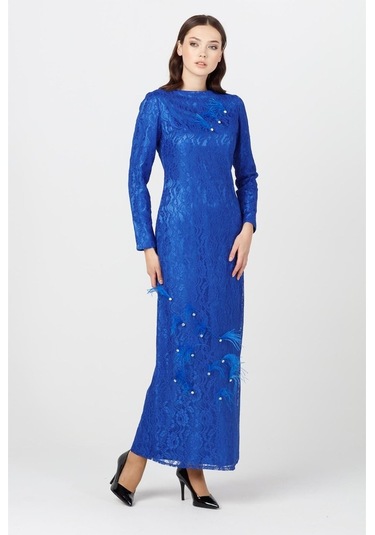 Sax - Tüylü Taşlı Dantel Abiye Elbise Saks