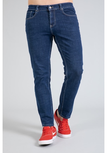Yeni Sezon Erkek Denim Standart Fit Likralı Fermuarlı Jean Kot Pantolon 1122-Mavi