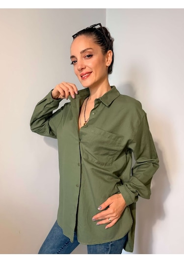 Ali Butik Haki Basic Keten Gömlek Haki