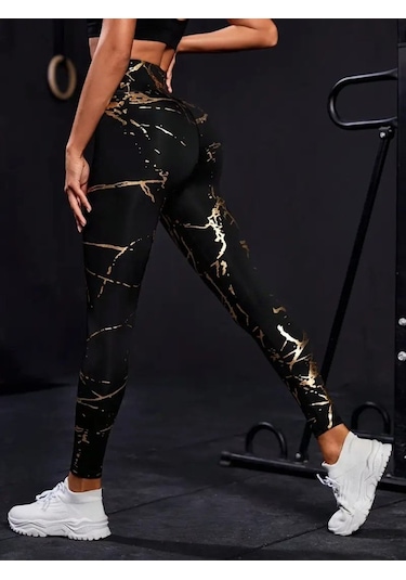Modasize Kadın Yüksek Bel Desenli Spor Tayt SiYAH