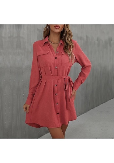 Novahub Erken Sonbahar Kadın Elbise, Uzun Kollu Tek Göğüslü Bağcıklı Düz Renk, Kahve Renkli, Viskoz Kumaş, Uzun Kollu, Diz Boyu, Gündelik Stil, Aile Tatil İstihdam Kahve