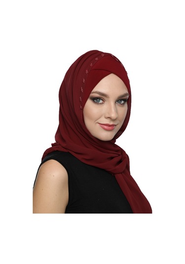 Şallı Takmatik Taşlı Bordo Hazır Türban Tesettür Bone Namaz Örtüsü Bordo
