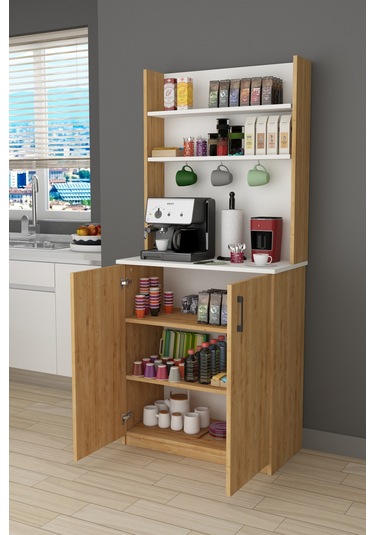 %100 Mdflam Kahve Köşesi Çok Amaçlı Mutfak Dolabı Kahve01 Beyaz - Safir Meşe Beyaz - Safir Meşe