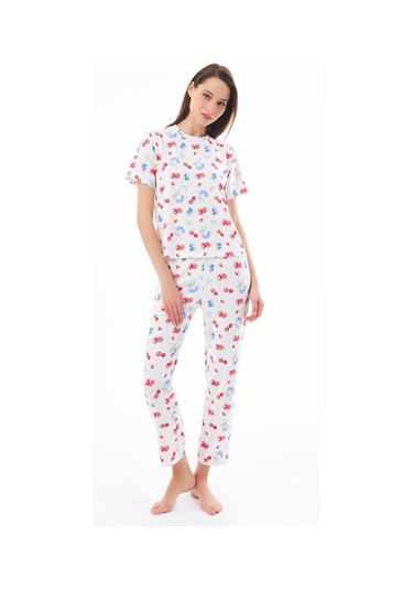 Premium Kadın Pijama Takımı Meyve Desenli Yumuşak Dokulu Kısa Kollu Bisiklet Yaka Krem