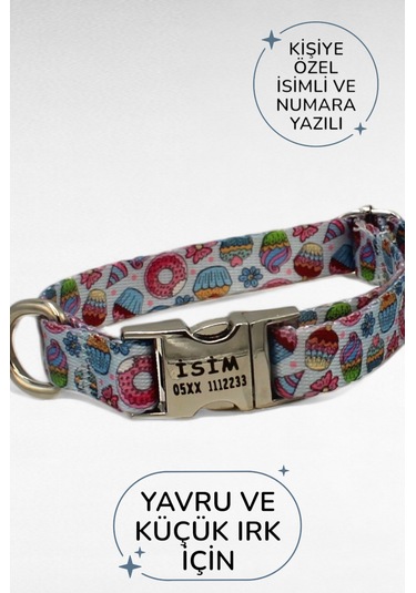 Caramelos İsimli Köpek Tasması, Yavru Köpek Tasması, Küçük Irk Köpek Tasması, Metal Kilit, 1,5 Cm Kırmızı - Mavi