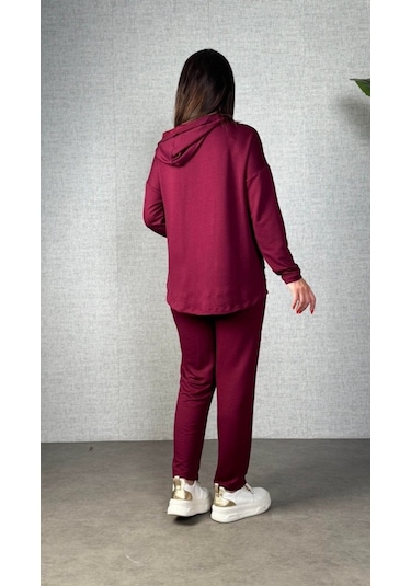 S-pazarım Kadın Uzun Kollu Kapşonlu Bağcıklı Viskon Iki Iplik Bluz Ve Pantolon Ikili Takım Bordo