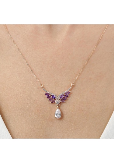 Mia vento Ametist Taşlı Melek Masalı Rosegold Gümüş Kolye