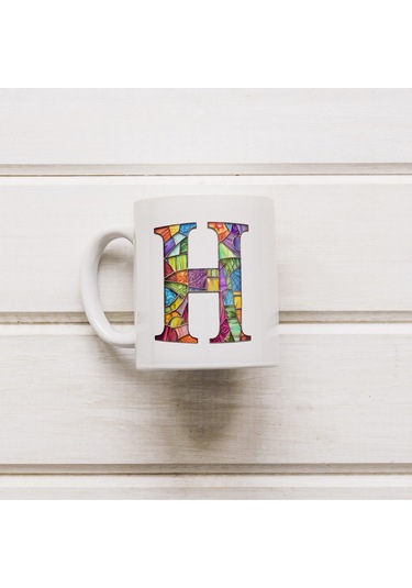 H Harfi Bardak 330 Ml İsme/harfe Özel Hediye, Renkli Harf Tasarım Beyaz