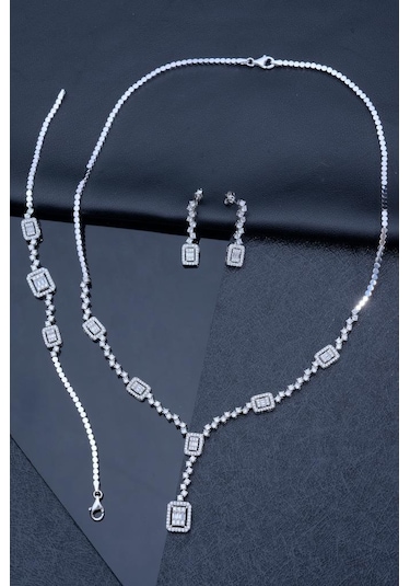 925 Ayar Gümüş Kadın Baget Taşlı Elegant Set
